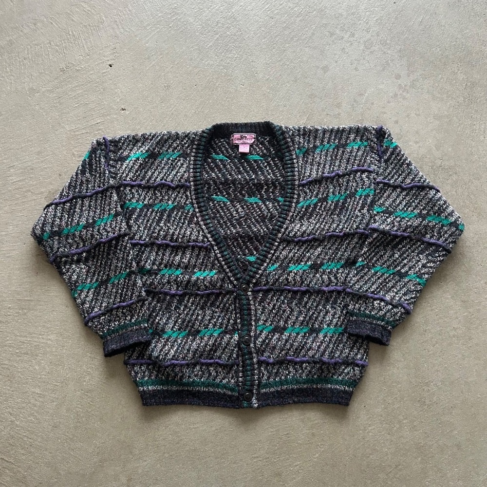 Vintage 90s Concrete Mix‎ Cardigan Sweater Size Large Gray Striped Fair Isle